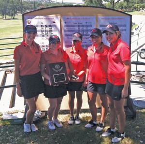 (Pictured L-R) Team members Maddy Buhler, Samantha Martinez, Flower Castillo, Jessica Cornish, and Christina French pose for a photo during the UIW Fall Invitational at The Club at Sonterra South in October. The women’s team took first place at the tournament.