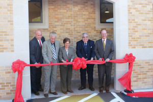 (Pictured L-R) Mark Papich, UIW athletics director; Dr. Louis Agnese, UIW president; Sr. Yolanda Tarango, CCVI, congregational coordinator; Paul Elizondo, Bexar County commissioner; and Nelson Wolf, Bexar County judge; cut the ribbon to officially open the UIW Brainpower Center for Fencing and International Sports.