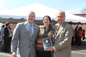 (Pictured L-R) Tom Shaw, president of the South San Antonio Chamber of Commerce; Leticia Ozuna, former councilwoman, City of San Antonio-District 3; and Dr. Louis Agnese, UIW president; share a photo at the ADCaP Pecan Valley Center Opening Celebration. During the celebration, Shaw presented Agnese with a plaque recognizing his membership with the South San Antonio Chamber of Commerce since 2004.