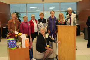 (Pictured L-R) Sr. Margaret Patrice Slattery, CCVI, UIW president  emerita; Sr. Elia Rosas, CCVI; Sr. Germaine Corbin, CCVI,  instructor of theatre arts; Sr. Kathleen Coughlin, CCVI, vice  president for institutional advancement; Sr. Teresa Stanley,  CCVI; Sr. Martha Ann Kirk, CCVI, professor of religious studies;   and Sr. Dorothy Ettling, CCVI, director of the Center for Civic  Leadership; share a photo with Spana (seated) during her  retirement celebration.    