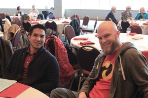 Tovar and Adam Watkins, professor of Computer Graphic Arts and coordinator for the ANGD program, at the 2015 Faculty Award Reception in the McCombs Center Rosenberg Sky Room. 