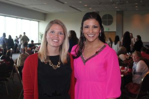 (Pictured L-R) Graduates Stein and Garza attend the SoPT Awards Ceremony held May 6 in the McCombs Center Rosenberg Sky Room.  