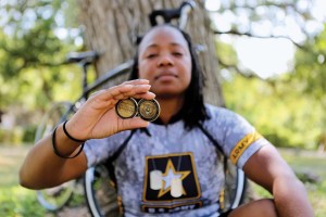 Skelton displays her coins with the presidential seal. 