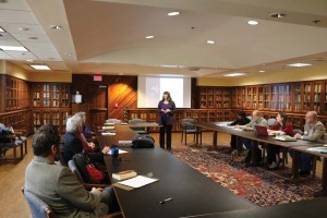 Stampfl speaks to faculty members at a Writing Academy workshop.