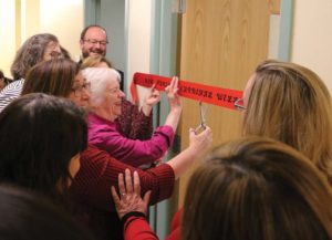 Dean of Nursing and Health Professions Dr. Mary Hoke cuts the ribbon to the Nursing Cardinal Wellness Center with the help of Sr. Joan Holden, CCVI.