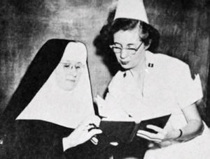 Sr. Charles Marie Frank and a nursing student, 1950s. Historical images courtesy of the CCVI Archives, San Antonio.