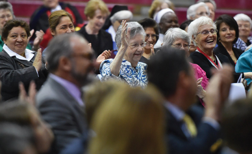 Sisters of Charity of the Incarnate Word, including Sr. Margaret Patrice Slattery, CCVI `43,former UIW chancellor and president, celebrate President Evans.