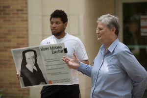 Sr. Walter Maher, CCVI, educates students on CCVI history.