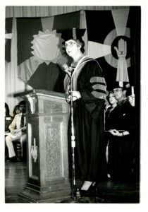 Sr. Margaret Patrice Slattery, CCVI, former IWC president, speaks at commencement, 1981.