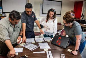 Dreeben PhD students, Mark Alvarez, (left) Jaime Gonzalez, Linda Gjergji and Eryanne Taft work together on systemization assignment in Qualitative Methods and Analysis interdisciplinary class. 