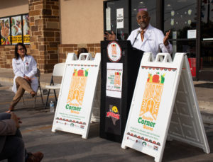 UIWSOM’s Dr. Anil Mangla opens VIVA SA Healthy Corner Store Initiative launch ceremony nearby research partner, Dr. Emma Santa Maria.